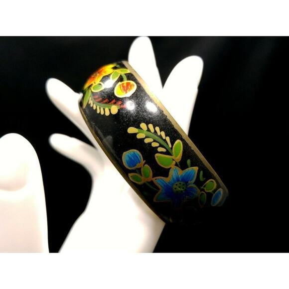 Vintage Wide Brass Hand Painted Flower Bracelet, Gold Accents, 1970s, 8 Inches - Picture 1 of 10